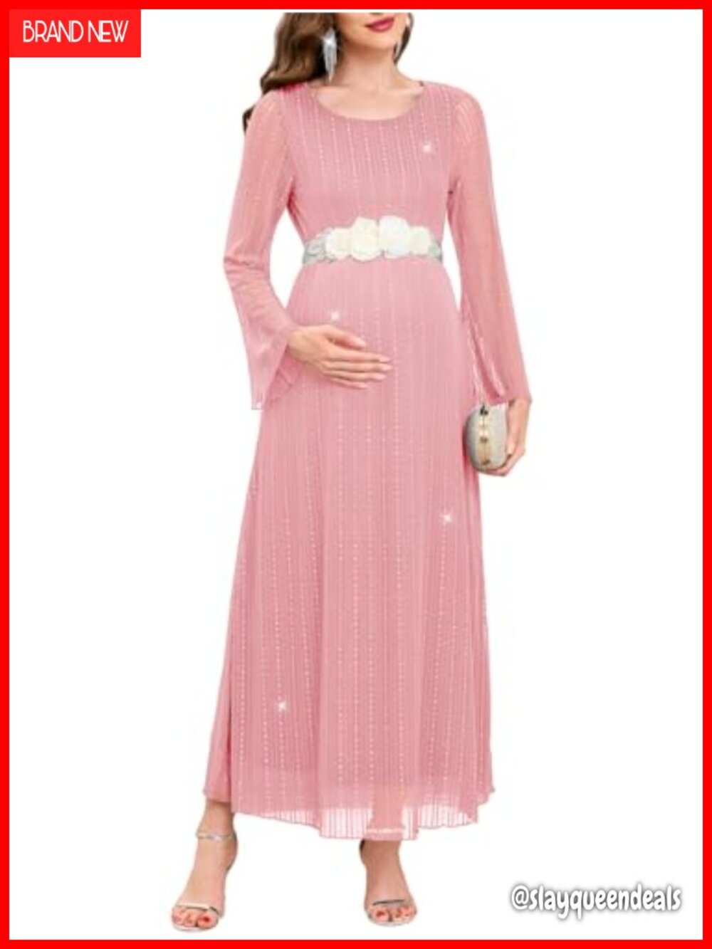 Sparkly Mesh Maternity Maxi Dress Long Sleeve A-Line Baby Shower
